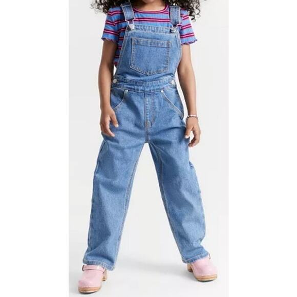 Epic Threads Girls Kensal Denim Overalls & Ribbed Striped T-Shirt,5 175